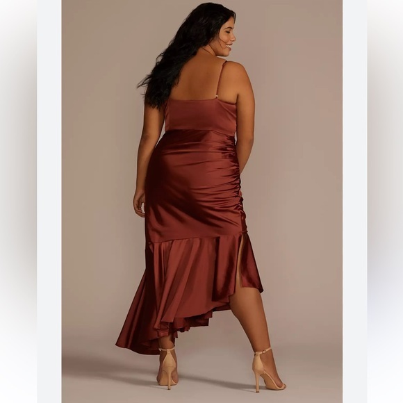 Brown Ruched Slip Dress with Spaghetti Straps - Picture 1 of 4
